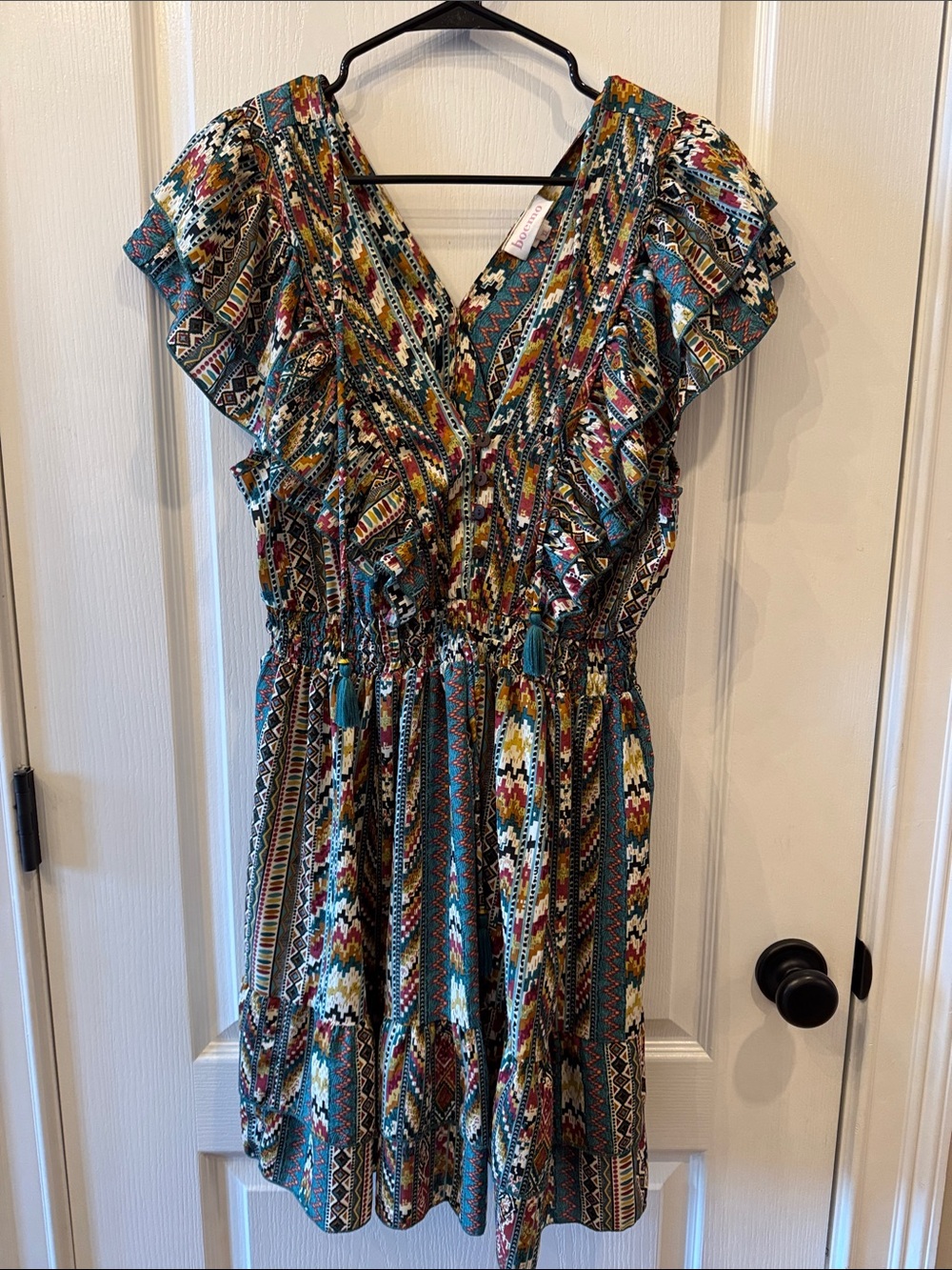 Printed Ruffle V-Neck Mini Dress in Teal Multi